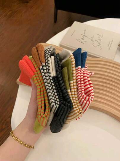 5双/10双女士撞色条纹袜子，复古ins风红色条纹中筒袜，适合夏季和秋冬季