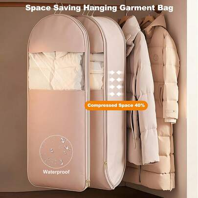 Space Saving Hanging Garment Bag With Self-Compression Zipper – Pink PEVA Dust Cover Clothes Storage Organizer, Waterproof Coat Protector For Down Jackets, Suits & Coats