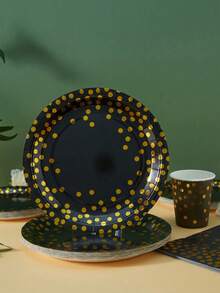 25pcs Black & Gold Party Supplies Set, Includes Plates, Cups, Napkins, Suitable For Birthday, Wedding, Events - Multicolor - View 4