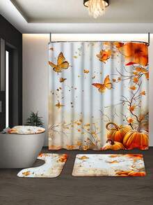 1/4 件秋季枫叶、蝴蝶、南瓜感恩节浴帘套装，配有防滑浴室垫、感恩节浴室装饰，包括浴室地毯、U 型垫、马桶座套、防水窗帘（带 12 个挂钩）