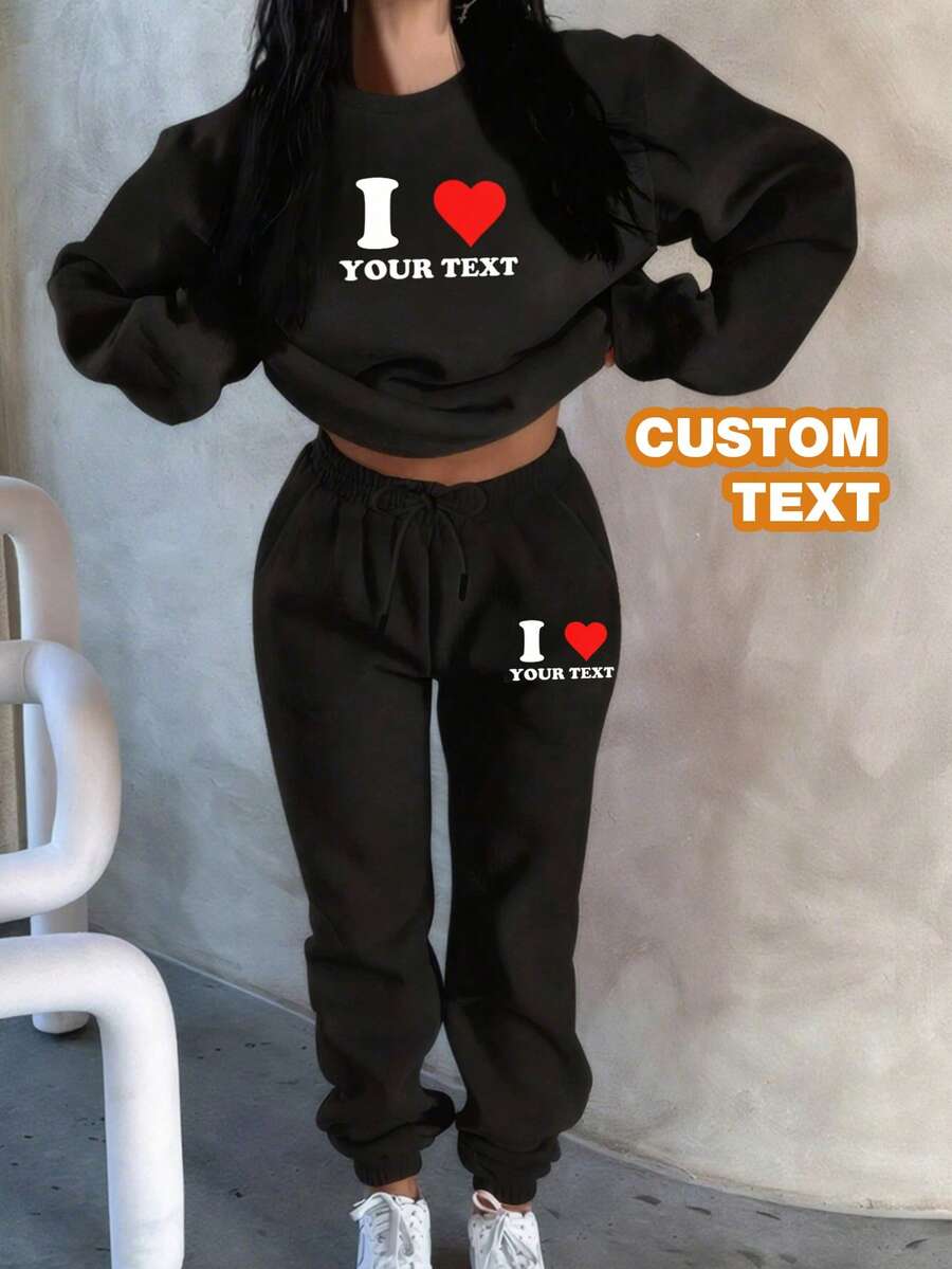 Customize Personalized Gifts With Unique Design, Add Your Own Text And Images (Badge Pattern/Company Logo/Family Photo/Selfie/Pet), Personalized Sweatshirt And Sweatpants Two Pieces Set - Black - View 1