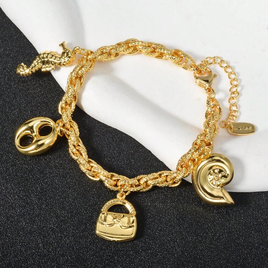 Fashion Creative 18k Gold Plated Seahorse Pig Nose Snail Handbag Pendant Bracelet Seaside Vacation Style Women Daily Wear