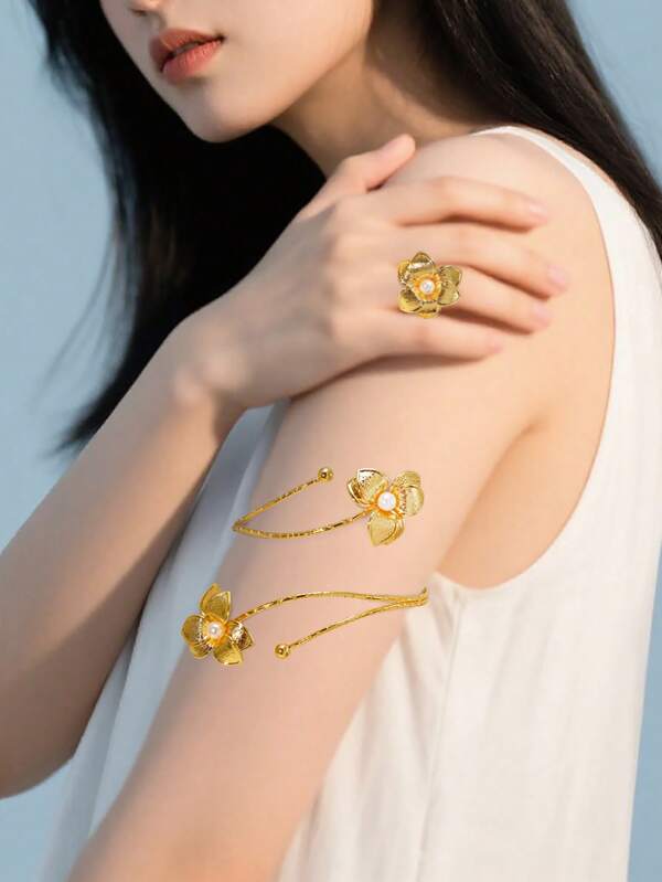 22K Gold Plated Alloy Bangle Bracelet & Ring Set, Asymmetrical Flower Pearl Wrapped Cuff Bracelet, Fashionable & Unique Middle Eastern Style