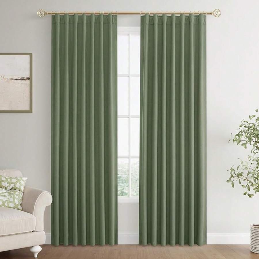 Beige Linen% Blackout Curtains 84 Inch Long, Rod Pocket/Back Tab/Hook Belt/Clip Rings, Thermal Insulated Drapes Bedroom Living Room With Hooks (1 Panel, 60 X 84), Stylish Window Treatments - 橄欖綠 - 查看 1