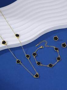 4pcs/Set Luxury Elegant 5-Petal Flower Micro-Inlaid Zirconia Copper Necklace, Bracelet, Earrings For Women, Daily, Date, Engagement, Wedding, Valentine's Day Gift - Black - View 2