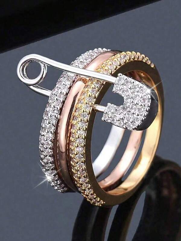1pc Fashion Multilayer Pin Design Rings Women 3 Colour Circle Zirconia Ring Wedding Vacation Party Jewelry Gift For Wife Girlfriend Friendship
