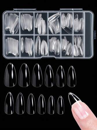 240 片细高跟指甲带收纳盒全覆盖 12 种尺寸预塑形长指甲透明软凝胶指甲贴片压合水晶指甲适用于美甲沙龙和家庭 DIY