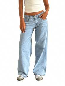 Women Wide Leg Jeans Low Rise Baggy Straight Leg Jeans Loose Boyfriend Jeans Casual Denim Pants Y2k Streetwear - 淺藍色 - 查看 3