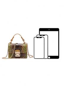 Crocodile - Embossed Mini Top - Handle Bag: Chain Strap, Dual - Compartment Design For Chic Daily Looks - Goldfish Brown - View 3