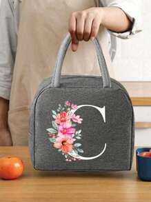 2 件 - 字母印花图案保温袋和餐具收纳袋、保温午餐袋 - 粉色花朵和白色字母图案、手提包、午餐盒、冰袋、野餐食品手提包、帆布轻便便携式午餐收纳袋