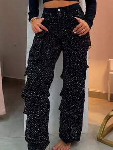 GLOURI Women's Glitter Rhinestone Cargo Trousers Jeans - High Waist Denim W/ Functional Pockets | Dazzling Statement Pants For Festivals & Night Out & Party - Black - View 1