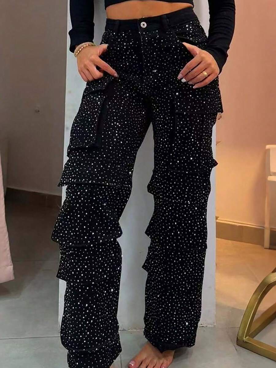 GLOURI Women's Glitter Rhinestone Cargo Trousers Jeans - High Waist Denim W/ Functional Pockets | Dazzling Statement Pants For Festivals & Night Out & Party - Black - View 1