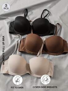 3件套女士纯色无钢圈文胸，带可拆卸肩带 - 彩色 - 查看 2