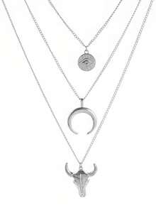 1 件复古西部风格三层合金恶魔之眼、牛仔、牛头、月亮吊坠项链，适合女士日常佩戴 - 復古銀色 - 查看 8
