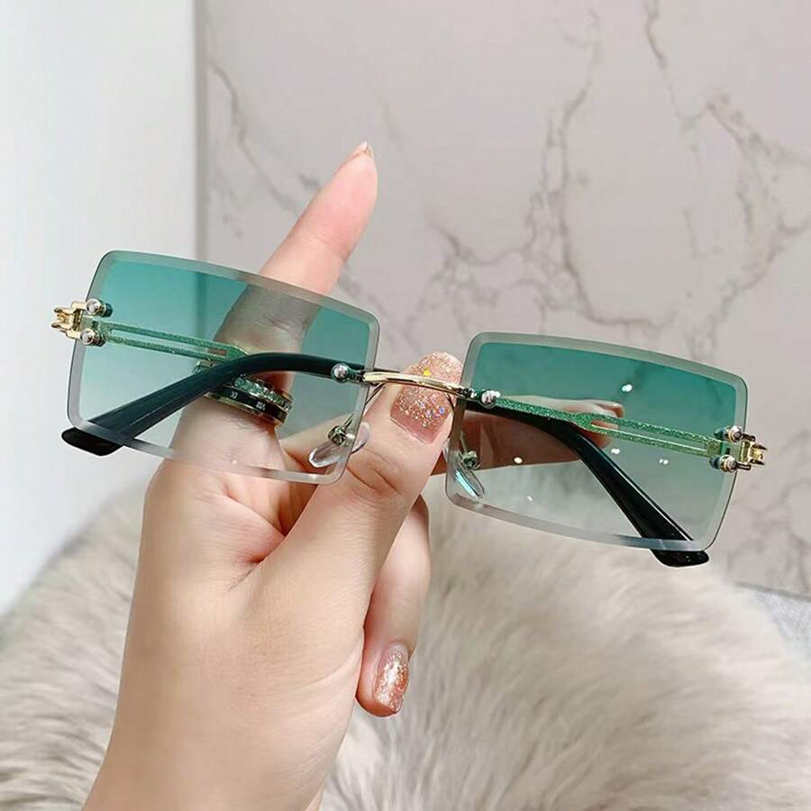 1 件女士方形无框渐变绿镜片时尚眼镜，适合户外使用，矩形太阳镜