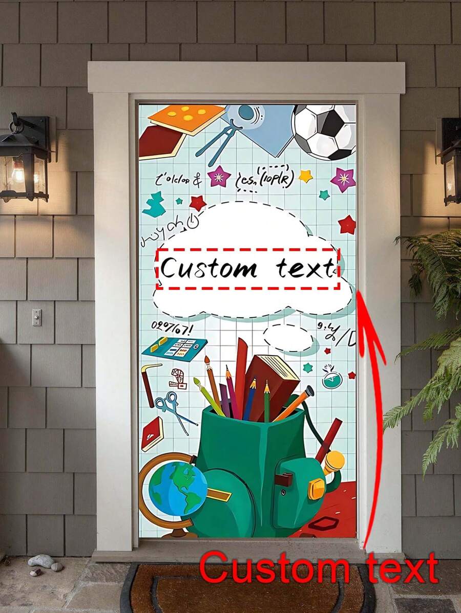 1 Stück personalisierter Türvorhang mit Schulthema | 2D | - anpassbarer Textinhalt - Schulmaterial, Fußball-Design, Polyesterstoff, keine Stromversorgung erforderlich, geeignet für Innen-/Außendekoration zum Schulanfang, universell für Heimfeiern und Veranda-Dekoration, Partyhintergrund-Dekoration, Vorhang zum Schulanfang