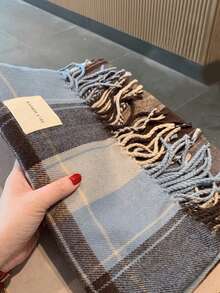 1 Khăn choàng tua rua kẻ caro giả cashmere dành cho nữ, Khăn choàng đa năng giữ ấm mùa thu/đông, Khăn choàng cổ học sinh dùng hàng ngày cho trang phục - Màu xanh lam - Xem 2