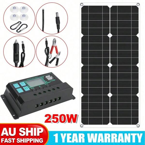 Solar Panel 12V 24V Battery Charger Flexible Charging Kit With Controller 2 USB Charger Caravan Camping Portable 250W 30A