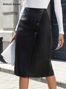 Mobula Sound 高腰不对称纽扣 PU 皮革优雅性感休闲半身裙，春夏黑色 - 黑色 - 查看 4