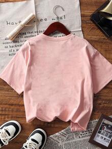 ملابس علوية تي شيرت قصير الأكمام مطبوع للفتيات المراهقات، ملابس علوية صيفية مريحة وعصرية للطالبات الصغيرات - وردي - مشاهدة 3