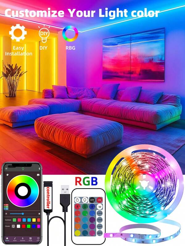 أضواء شريط LED بطول 30 متر لغرفة النوم، بريموت كنترول 24 مفتاح وتحكم عبر التطبيق، مع وظيفة التوقيت، أضواء شريط تغيير اللون مزامنة مع الموسيقى، لغرفة المعيشة والزفاف، أضواء شريط RGB