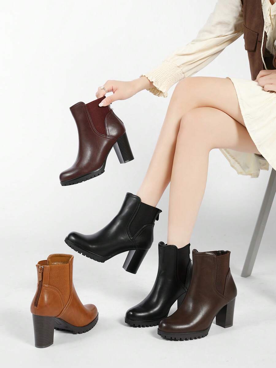 Vintage Casual Fashion Versatile Simple Thick Heel Women Ankle Boots - Black - View 1
