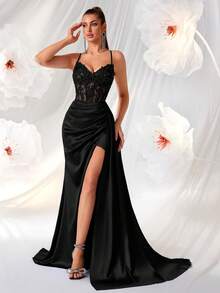 ADYCE 女士优雅吊带V领刺绣镂空高腰长款露背连衣裙，适合盛大晚宴、生日派对、正式晚宴、约会、返校节、婚礼宾客、正式晚宴、家庭聚会等场合。 - 黑色 - 查看 6