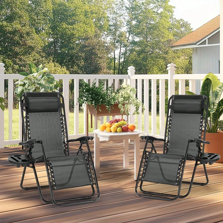 OLIXIS Set Of 2 Portable Recliner Beach Camping Patio Outdoor Folding Lounge Chair, Zero Gravity Chairs With Cup Holder Trays And Adjustable Pillow For Poolside Garden,Backyard,Lawn,Blue - 黑色 - 查看 1