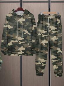 2 piezas/set Camual Casual para hombre con sudadera con capucha y sudor con cordón estampado, sudadera y pantalones deportivos de ocio con camuflaje