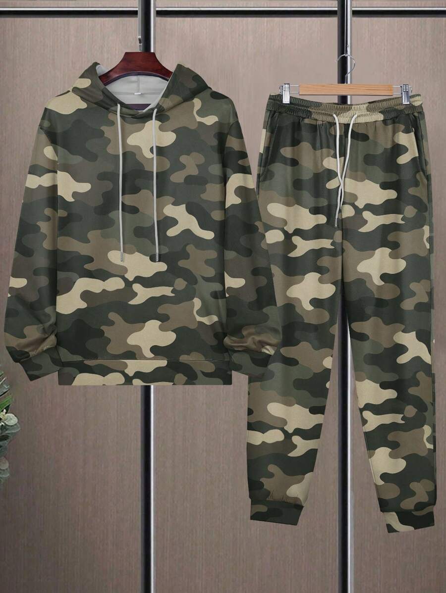 2 piezas/set Camual Casual para hombre con sudadera con capucha y sudor con cordón estampado, sudadera y pantalones deportivos de ocio con camuflaje