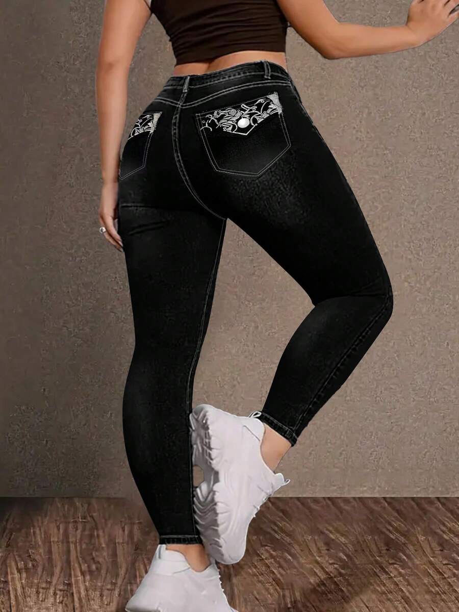 Women's Large-Size High-Waisted Black Slim-Fit Jeans, With Exquisite Embroidery On The Back Pocket, High Elasticity Fabric, Comfortable And Fitted Fit, Elegant And Mature For Daily Wear, Fashionable And Retro Style. - 黑色 - 查看 1