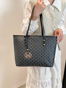 全印花单肩手提包，母亲节礼物，复古字母印花手提包，大容量单肩包，通勤必备腋下包 - 黑色 - 查看 4