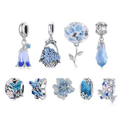  WOSTU 925 Sterling Silver Blue Flower Series Hydrangea Spacer Beads Butterfly Heart Charms For Women DIY Bracelet Fashion Jewelry Gift