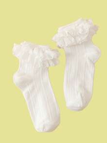1 Pair Solid Color Cute Pleated Ruffle/Frill Ankle Socks, Versatile & Adorable For Everyday Wear At Home