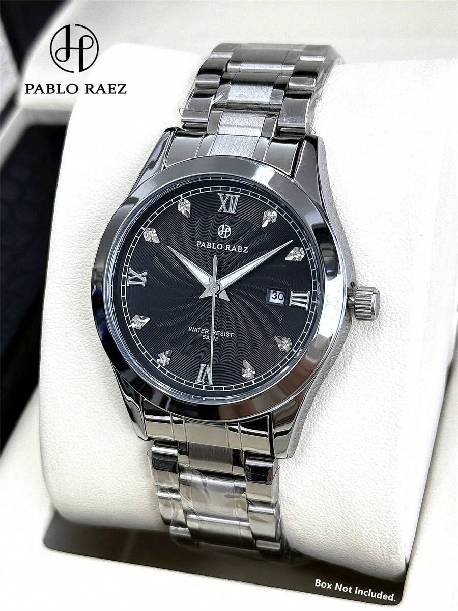 Pablo Raez 1件男士商務手錶 不鏽鋼夏季海灘配件錶 全新原裝迷人復古奢華 IPS 銀色 50M 防水 簡約日曆時鐘 SUS304實心重鋼休閒時尚石英錶 高品質夜光羅馬數字與鑽石盤面 黑色高級優雅手錶 日常使用 父親或男性朋友畢業婚禮禮物