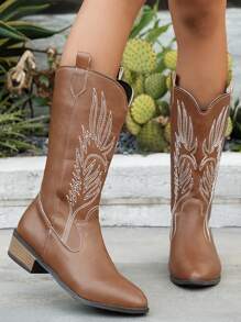 Fall/Winter 2025 New Women's Embroidered Leather Merrillat Brown Western Boots, Pointed Toe Chunky Heel Knee-High Boots, Outdoor Casual Fashion Dress Boots,Cowboy Boots