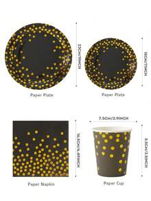 25pcs Black & Gold Party Supplies Set, Includes Plates, Cups, Napkins, Suitable For Birthday, Wedding, Events - Multicolor - View 3