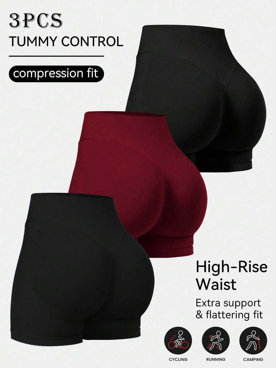 3pcs/Set Women High Waist Lifting Tight 3/4 Leggings, Yoga/Fitness/Running Shorts, Peach Lifting Sports Shorts, Slimming Shorts - Nhiều màu - Xem 1