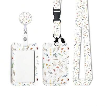 1 peça (clipe para crachá + cordão + porta-cartão) Carretel de crachá de identificação de professor com folhas e flores, rolo retrátil com cordão removível, porta-cartão de identificação de enfermeira, adequado para escolas, equipe médica, assistentes sociais, uso diário feminino, presente para o Dia da Enfermeira, para material escolar, volta às aulas