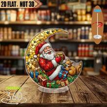 2D Rotating Acrylic Decor - Colorful Santa Claus On Golden Moon With Playful Squirrel, 360° Rotating Holiday Decoration, Suitable For Home Gatherings, Holiday Displays, Gift Choice, Christmas Gifts, Christmas Decorations