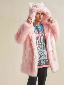 1pc Men's Long Sleeve Faux Fur Coat, Fluffy Soft Pink Furry, Hooded With Ears, Cute & Playful, Loose Fit, Mid-Length, Suitable For Autumn/Winter, Holidays, Daily, Travel, Outdoor, Streetwear, Home Wear