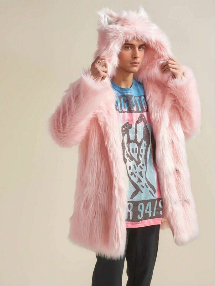 1pc Men's Long Sleeve Faux Fur Coat, Fluffy Soft Pink Furry, Hooded With Ears, Cute & Playful, Loose Fit, Mid-Length, Suitable For Autumn/Winter, Holidays, Daily, Travel, Outdoor, Streetwear, Home Wear