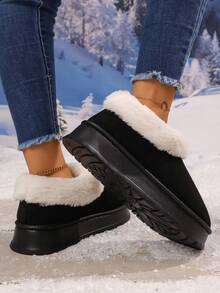 女士冬季拖鞋、厚底雪地靴、加厚平底靴、保暖鞋、户外防滑靴、Uggs 仿品、女士冬靴、女士冬季毛茸茸雪地靴毛茸茸圆头绒面短靴平跟一脚蹬户外室内鞋时尚保暖毛茸茸鞋， - 黑色 - 查看 8