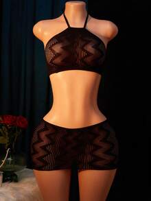 2件套女士性感内衣套装 渔网娃娃连体衣 性感睡衣 泰迪熊情趣网纱狂欢服 比基尼罩衫 - 黑色 - 查看 1