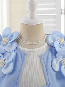 BASUSARRI 2 件年轻女孩优雅薄纱公主裙套装，无袖吊带背心裙和长袖开衫套装，时尚优雅公主风格，春秋季 - 淺藍色 - 查看 5