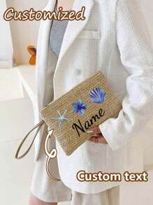 个性化女士手拿包（可定制姓名）、个性化草编钱包、草编钱包、女士拉链手提包 - 优雅条纹卡其色手机包，是生日、周年纪念日、母亲节和感恩礼物的完美之选，适合大学生、初中生、高中生、返校季、旅行、户外活动，也适合青少年女孩、学生、白领、教师、上班族、商务人士、通勤族、户外爱好者、海滩度假者、旅行族、郊游族、假日出行等各种场合。