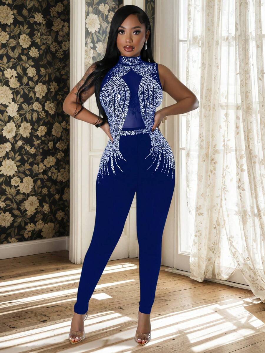 Elegante e alla moda abito lungo da ballo senza maniche con collo alto per donna, in tessuto semi-trasparente in rete con decorazioni in strass, adatto per feste, costumi di Ognissanti, tuta natalizia da donna, disponibile nei colori autunnali vinaccia, blu e per l'inverno, outfit da donna per Capodanno, abiti da cerimonia formali per donna