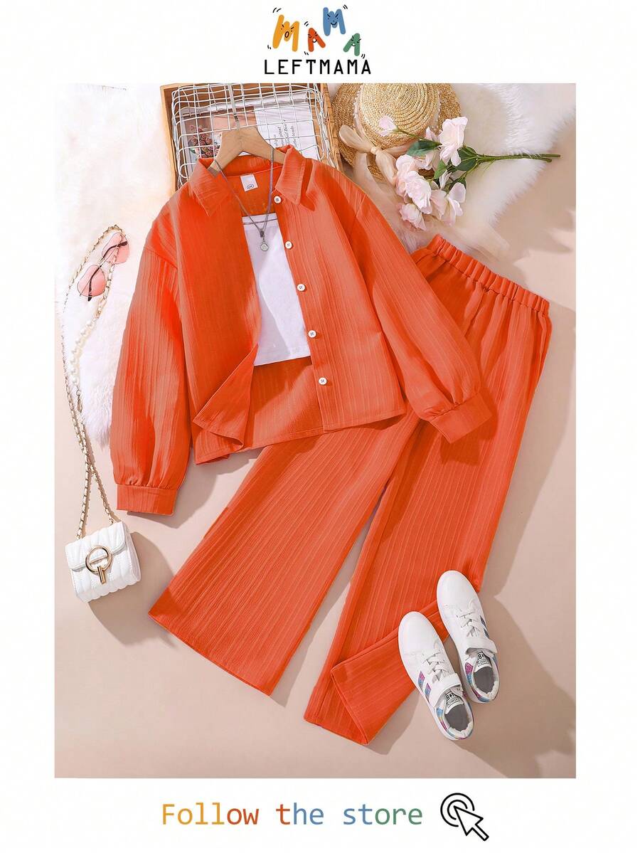 Left Mama 2pcs/Set Tween Girl New Autumn Collared Long Sleeve Shirt Top And Pants