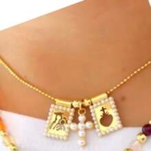 1pc Dainty Sacred Heart Scapular Necklace Gold Plated Double Tiny Pearl Rectangle Charm Bead Chain Necklace Religious Gift