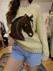 Women Horse Knit Sweater Y2k Graphic Cute Sweater Tops Long Sleeve Crewneck Oversized Sweatshirt Cute Preppy Chunky Jumper Knitwear Tops Streetwear - 黃色 - 查看 2